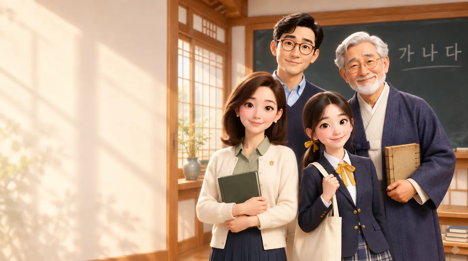 오픈한글의 선생님 네 명이 한옥 교실에서 웃으며 반겨 주는 그림