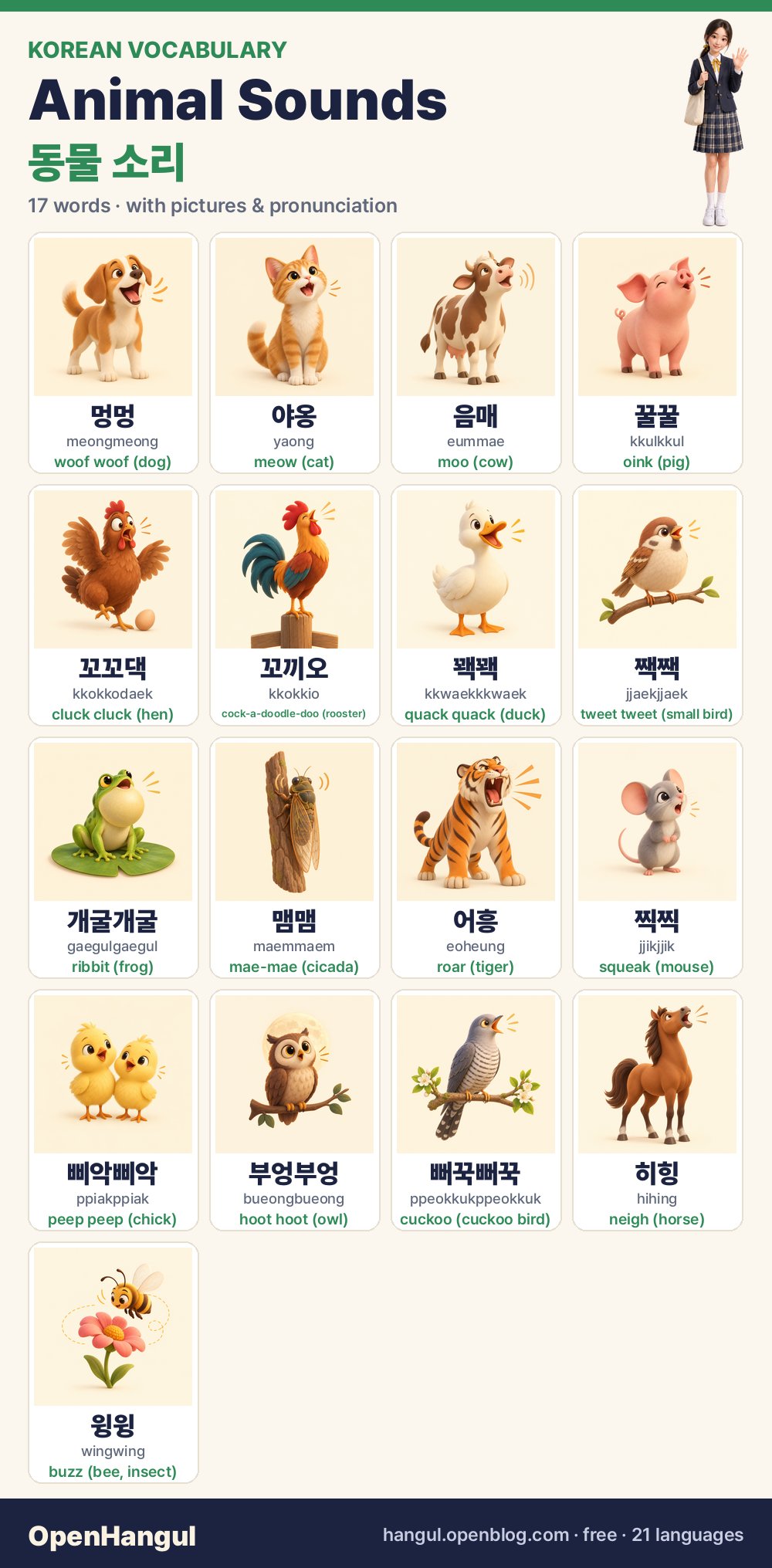 Cris d'animaux : 17 mots coréens à apprendre en images