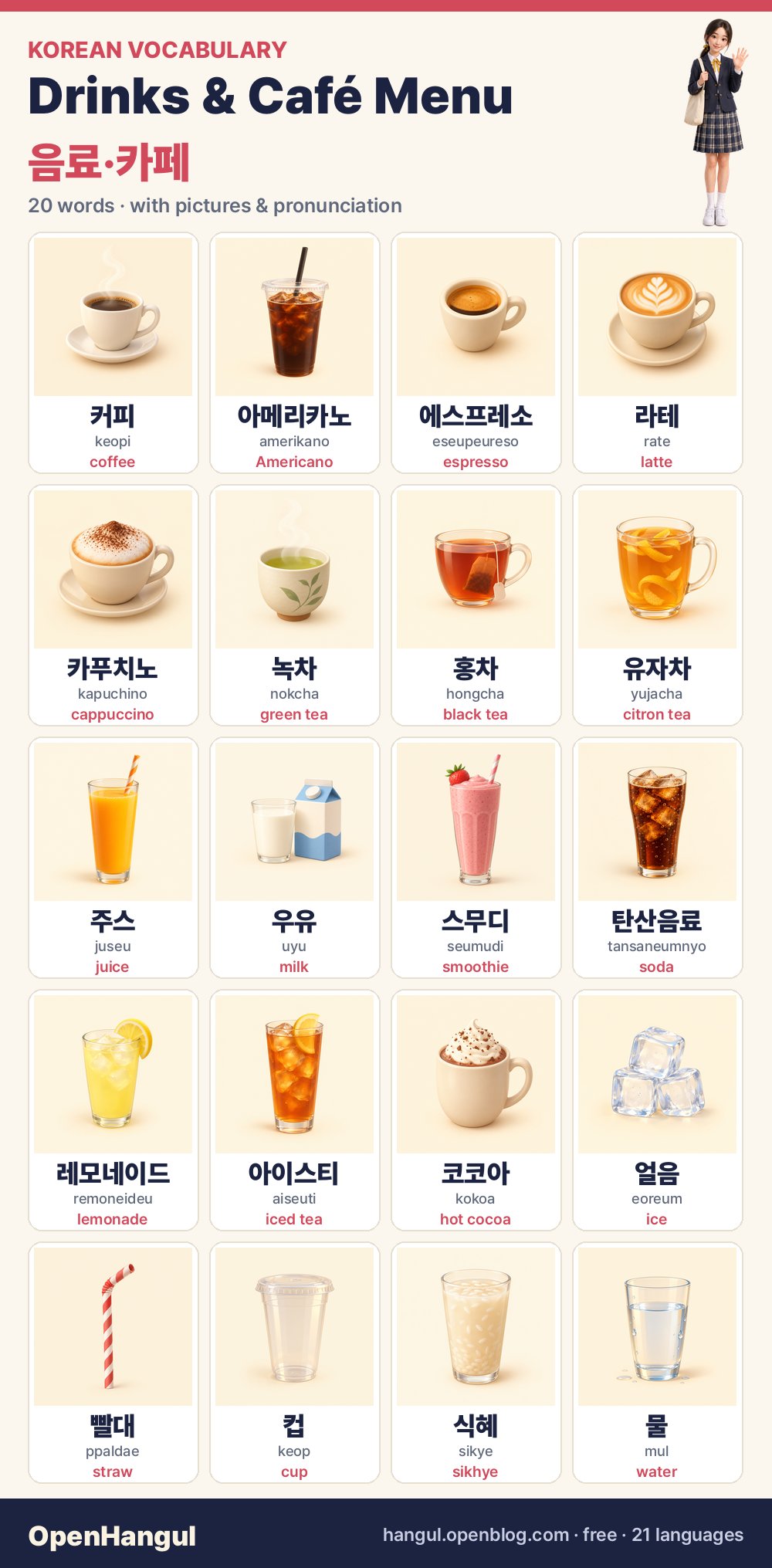 Boissons et carte du café : 20 mots coréens à apprendre en images