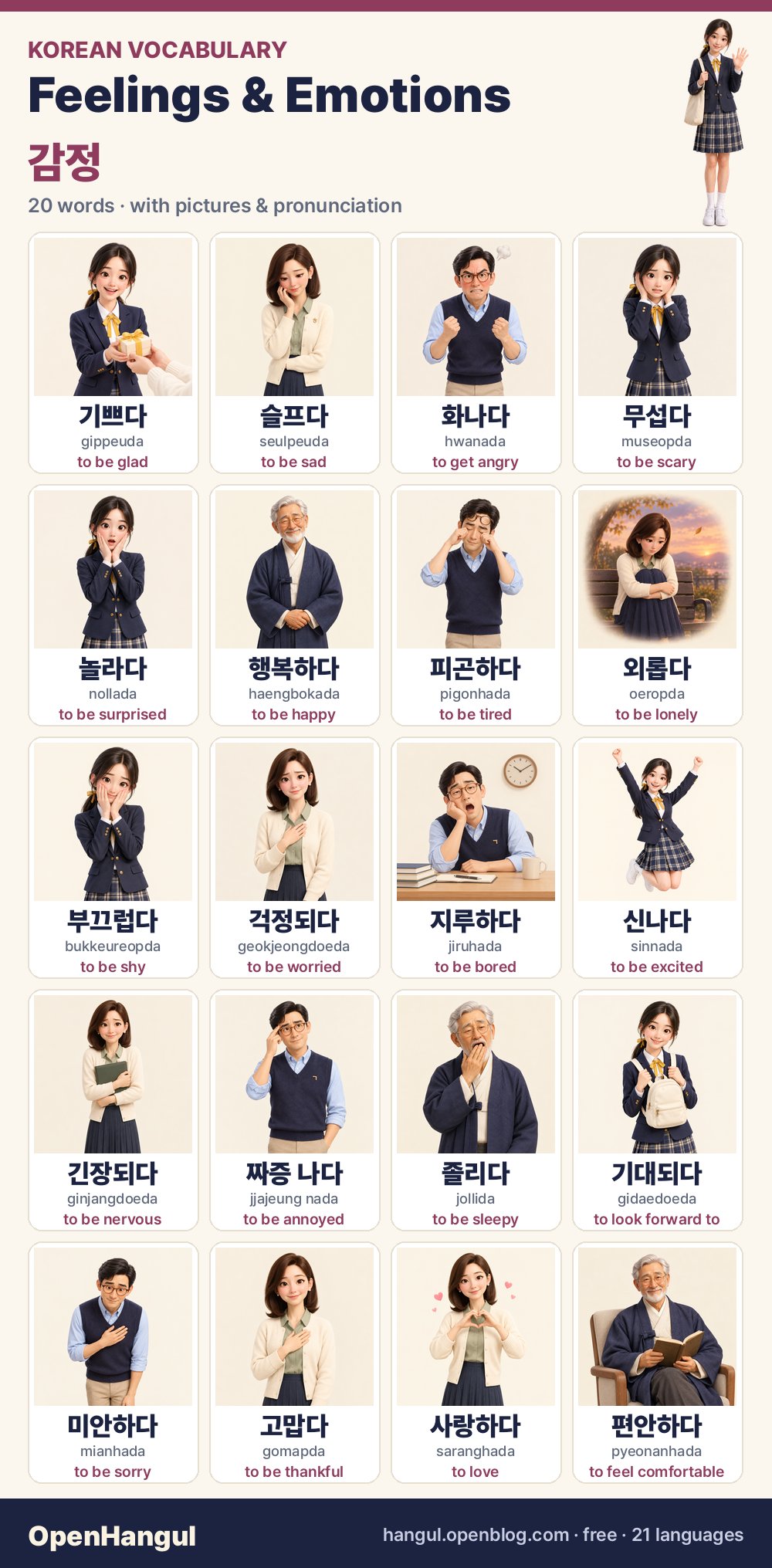 Perasaan & Emosi — 20 perkataan Korea belajar dengan gambar