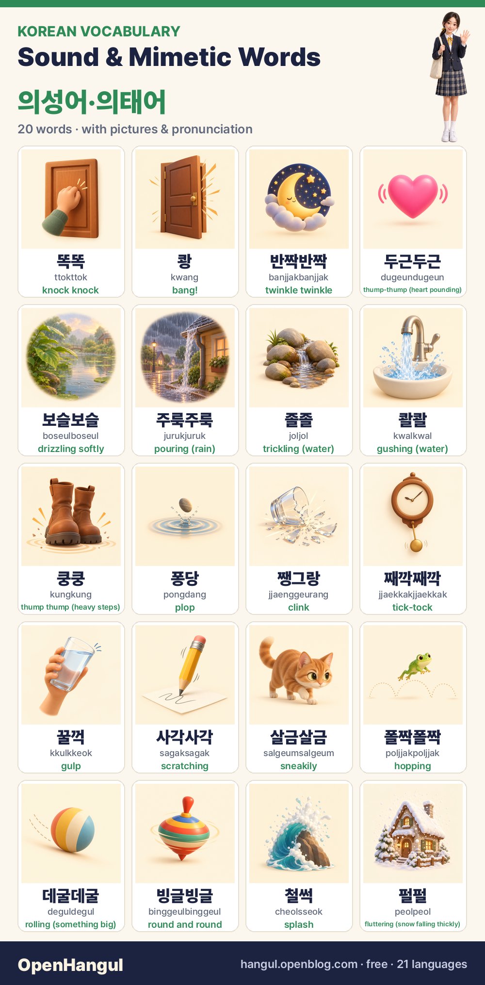 Laut- und Lautmalwörter – 20 koreanische Wörter mit Bildern lernen
