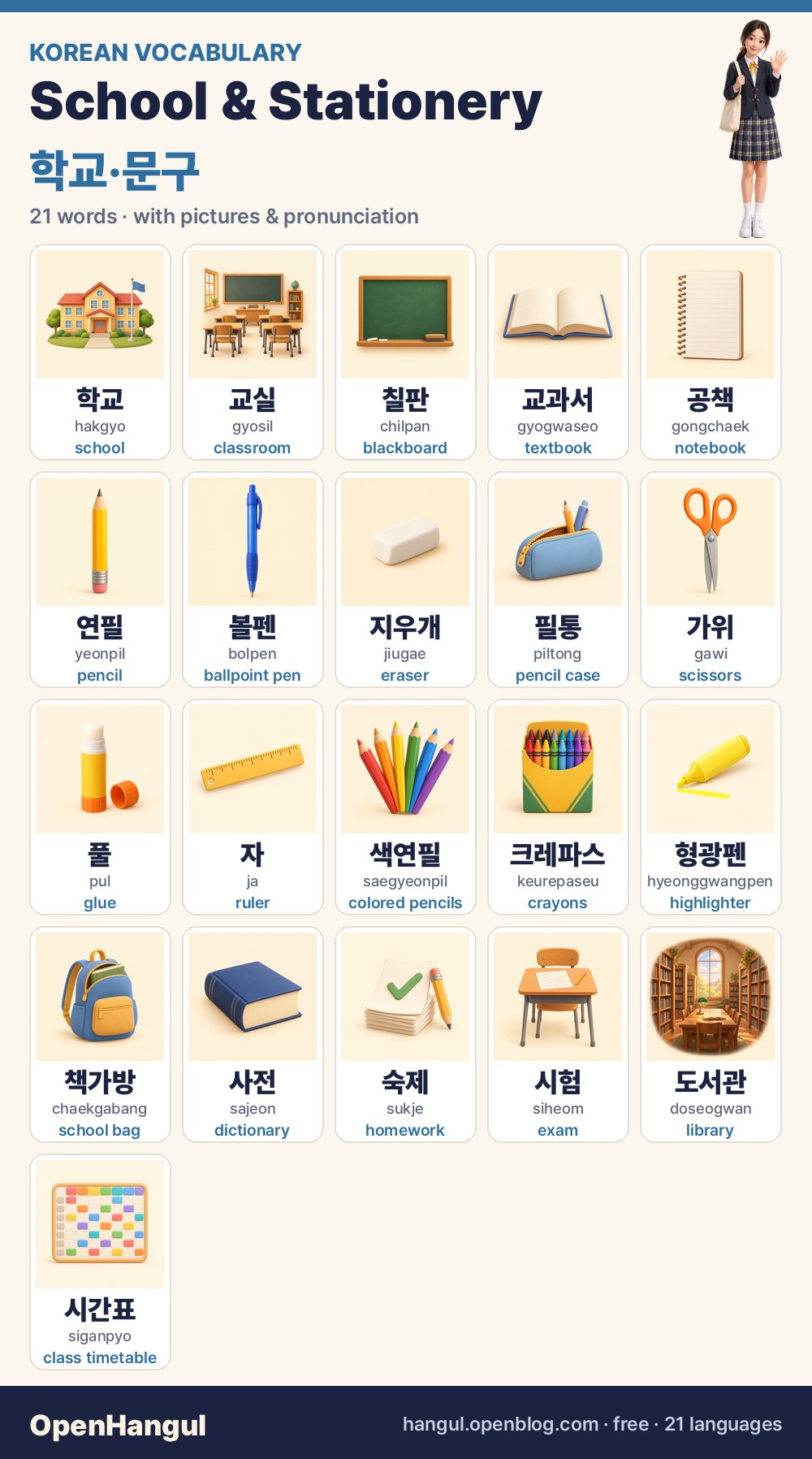 Sekolah & Alat Tulis — 21 kata bahasa Korea yang dipelajari lewat gambar